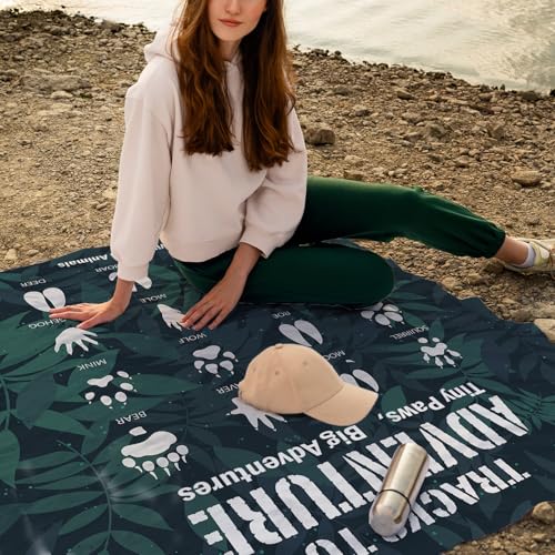 Camping Paws Tracks Pocket Picnic Blankets, Camp Mini Beach Camping Blanket Waterproof, Rustic Green Leaf RV Outdoor Picnic Blanket Mat Gifts for Camper Campsite Travel Hiking 55x60in - color: Paws