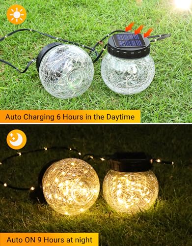 PARTPHONER Solar Lights Outdoor Waterproof 12-Pack, Solar Powered Hanging Lantern Cracked Glass Hanging Globes for Yard Decor Christmas Decoration, Shepherd Hook, Garden Tree Ornaments, Warm White - color: Warm White