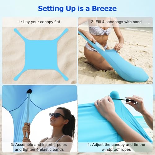 COMMOUDS Beach Tent Sun Shelter - UPF50+ Pop Up Beach Canopy with Sandbags & Sand Shovel & Windproof Poles, Portable Sun Shade for Beach, Camping, Picnics, Backyard - color: Sky Blue, size: 10 x 10 FT 4 Pole