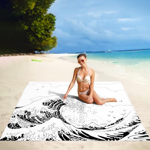 Beach Blanket, Large Sandproof & Waterproof Picnic Blankets, Quick Drying Sand Free Lightweight Beach Mat with 4 Stakes & Pockets for Outdoor Travel Camping Hiking Vacation Essentials - The Great Wave - color: Great Wave, size: 9x10 FT (1～8 person)