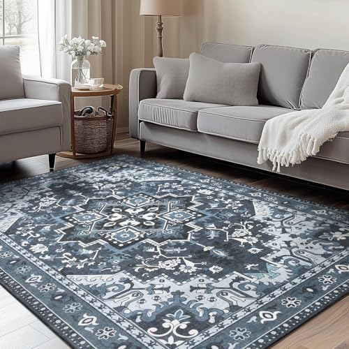 Rugflix 4x6 Area Rugs Machine Washable, Dark Navy Blue Carpet for Living Room, Oriental Indoor Area Rug Low Pile, Large Soft Thick Carpets Non Slip, Farmhouse Vintage Rug for Bedroom Dining Room - color: Blue, size: 4' x 6' (Rectangular)
