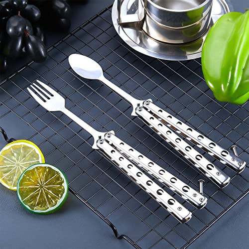 Flutesan 2 Pcs Butterfly Fork and Spoon Set, Tactical Butterfly Spoon Folding Stainless Steel Spork Utensil Set Balisong Trainer for Travel Camping Hunting BBQ Kitchen(Silver) - color: Silver