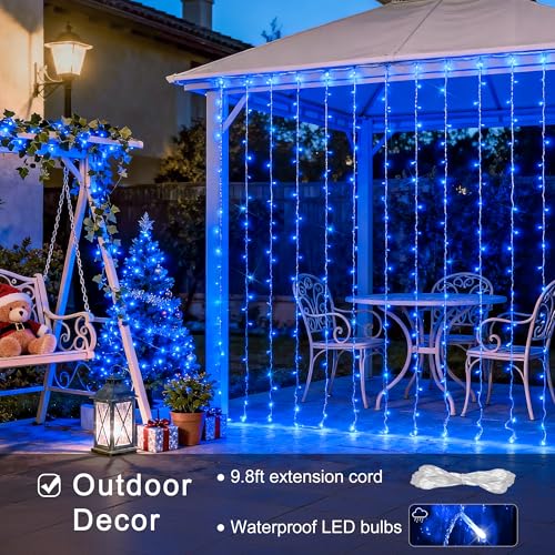 JMEXSUSS 300LED Curtain Lights, Blue Christmas Lights with Remote, Blue String Lights for Bedroom Wall Window Backdrop Garden Indoor Outdoor Pool Patio Yard Porch Decorations, 9.8x9.8ft - color: Blue, size: 300 LED