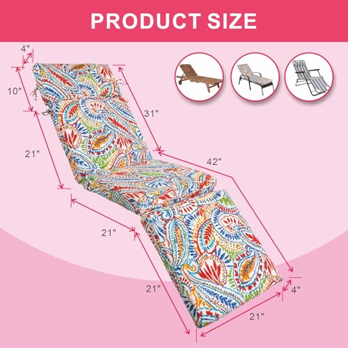 JMGBird 73" Outdoor Chaise Lounge Cushion - Thick Padded Tri-Fold Waterproof Patio Cushion with Removable Cover & Ties, Paisley Pattern - color: Paisley Print