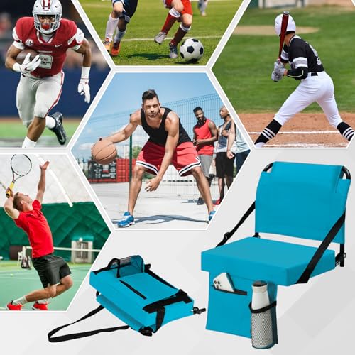 2pcs Stadium Seat for Bleachers with Back Support，Portable Bleacher Chairs with Back and Cushion，Includes Shoulder Strap and Cup Holder - color: Cyan,2 Pack