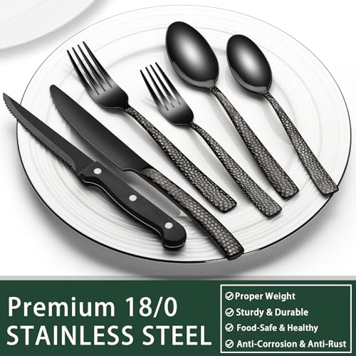 EWFEN 24-Piece Black Silverware Set with Steak Knives, Black Flatware Set for 4, Food-Grade Stainless Steel Tableware Cutlery Set, Mirror Finished Utensil Sets for Home Restaurant, Wave Hammered - style: Wave Hammered