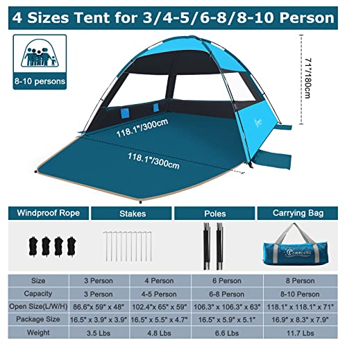 COMMOUDS Beach Tent Sun Shade for 3/4/6/8 Person, UPF 50+ Beach Sun Shelter Canopy Tent, Lightweight, Easy Set Up and Carry - color: Sky Blue with Dark Shelter, size: 8 Person