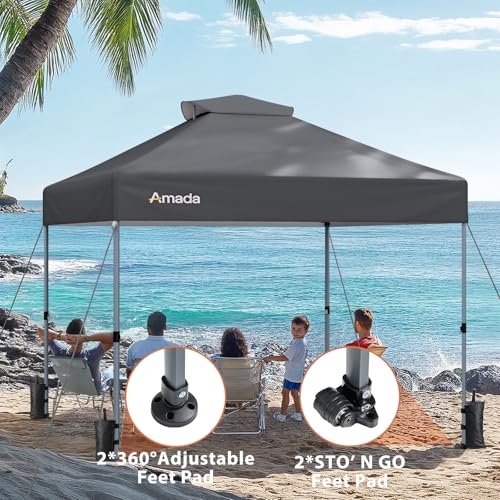 Amada 10x10 Pop Up Canopy Tent, 1-Button Push Easy-up Outdoor Canopy Beach Tent with 3-Height Adjustable Waterproof Shade Shelter, Wheeled STO-N-Go Bag 8 Stakes, 4 SandBags (10×10ft, Dark Gray) - color: Dark Grey, size: 10x10ft