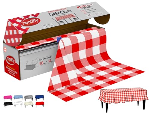 Neatiffy Disposable Plastic Table Cloth Roll | 54 in x 108 Ft Waterproof Tablecloth | Table Cover for Rectangle, Square, Round Oval Tables | Picnic, Party, Banquet, Birthdays, Weddings, Red Checkered - color: Red Gingham