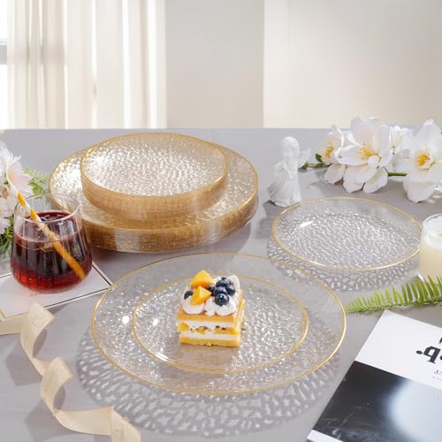 Rubtlamp 60Pcs Clear Gold Plastic Plates, Gold Glitter Disposable Plates, Hammered Plastic Plates Included 30 Dinner Plate And 30 Dessert Plates for Party - color: Gold Glitter
