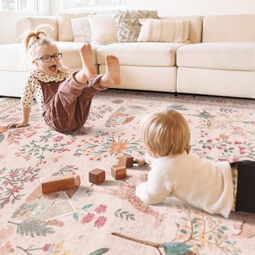 Pink Rug 5x7, Washable Boho Floral Botanical Animal Area Rug with Non Slip Backing Design,Indoor Soft Low Pile Carpet for Bedroom, Living Room, Dining Room, Farmhouse, Playroom - color: B#beige (Animal), size: 5' x 7' (Rectangular)