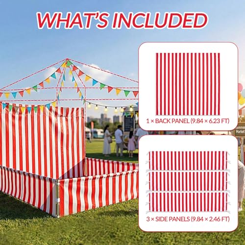 4 Pcs Carnival Canopy Sidewall Tent 10x10 Ft, 3 Half Walls and 1 Back Wall for Pop up Tents, Red & White Stripe, Waterproof & UV Resistant for Camping Party (Tent & Frame Not Included)