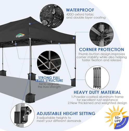COBIZI 10x30 Pop up Canopy, Heavy Duty Outdoor Party Tents for Parties, Ez up UPF 50+ Waterproof Commercial Canopy with Wheeled Bag, Black(Windproof Upgraded) - color: Black, size: 10x30 Without Sidewalls