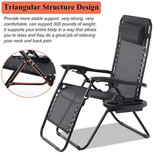 Zero Gravity Chair Set of 2, Folding Lounge Chair Adjustable Reclining Chair Camping Lawn Chair w/Pillow and Cup Holder Tray, Folding Chair Outdoor Chair - Comfortable & Breathable, Black - size: 2 Piece