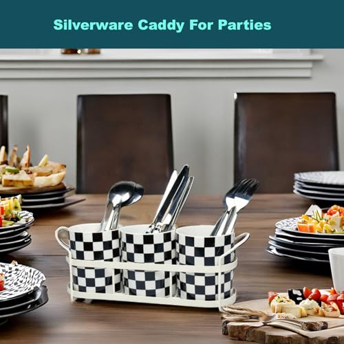 Silverware Caddy Countertop, Utensil Caddy For Party, Cutlery Flatware Organizer Storage, Spoon Fork Holder Basket for Parties Kitchen Coffee Bar Picnic Buffe-Ceramics Black and White Checkered