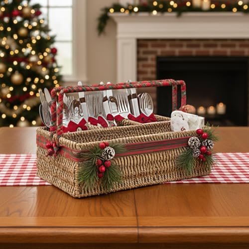 PEMAR Large L-Sized Hand Woven Utensil Caddy Carrier, Natural Jute Wicker Condiment Holder for Table, Kitchen Set Counter Top Silverware Organizer, Rustic Storage for Forks, Spoons, Seagrass