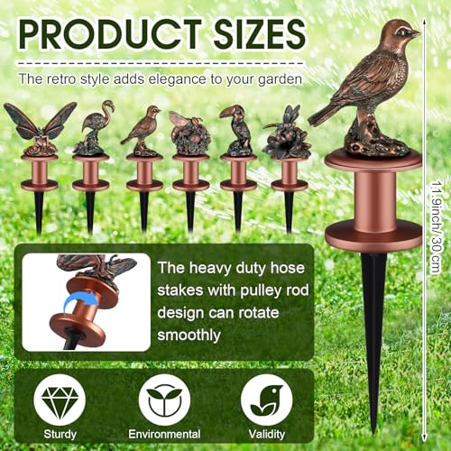 Zonon 6 Pcs Garden Hose Guide Stake Decorative 11.8 Inch Heavy Duty Metal Antique Water Hose Roller Guard Guide Stake Spike Resin Plant Saver Tools for Lawn Yard Garden(Antique Copper,Birds) - color: Antique Copper, style: Birds
