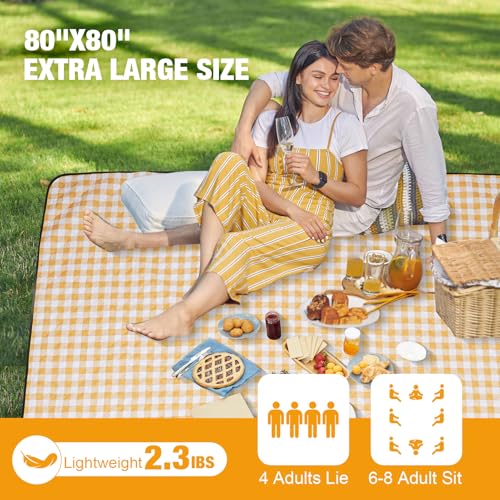 G GOOD GAIN Picnic Blankets Outdoor Extra Large - 80"x80" Portable Waterproof Picnic Blanket, Machine Washable 3-Layer Foldable Park Mat with Sandproof Backing for Grass, Hiking, Travel (Yellow) - color: Yellow