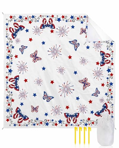 Beach Blanket Sandproof Oversized 108" x 84" 4th of July Butterfly Waterproof Quick Drying Sand Free Mat Independence Day Picnic Blankets for Outdoor Travel Camping Hiking Park - color: Blue Red, size: 108''x84''