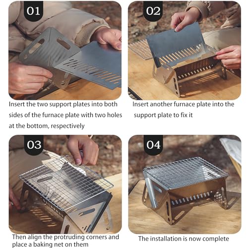 Mini Portable Camping Grill with Bamboo Stick/Storage bag, Small Assemblable Removable BBQ Grill Tabletop Fire Pit for Camping Patio Outdoor Stainless Steel Camping Grill Folding Barbecue Grills