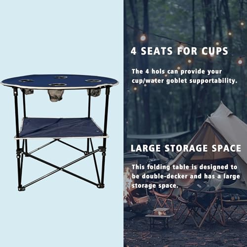 Camping Table & Beach Table, – Portable 2-Tier Foldable Table with 4 Cup Holders & Carry Bag, Lightweight Waterproof Oxford Fabric for Outdoor Adventures, Picnic, Tailgating, and Fishing - color: Blue