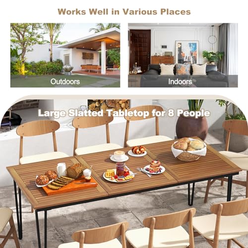Tangkula 79 Inch Outdoor Dining Table for 8, Acacia Wood 8-Person Patio Table with 1.9 Inch Umbrella Hole, Metal Legs & Adjustable Foot Pads, Rectangular Outside Table for Garden, Poolside & Backyard - size: 79"