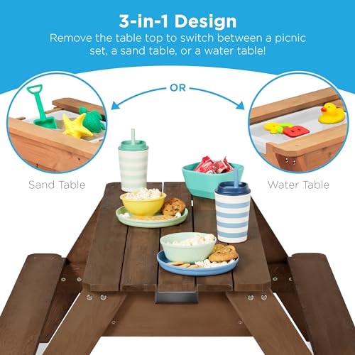 Best Choice Products Kids Picnic Table with Umbrella, 3-in-1 Sand & Water Table, Outdoor Convertible Picnic Table for Toddlers, Seats 4, Removable Top, 2 Buckets - Walnut/Red - color: Walnut/Red