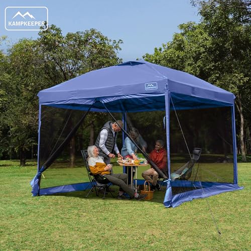KAMPKEEPER 10x10 Pop-Up Canopy Tent, Waterproof Portable Shade with Screen Walls, Adjustable Instant Outdoor Shelter for Camping, Backyard, and Events, Navy Blue - color: Navy Blue