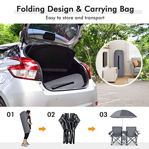 COSTWAY Double Portable Picnic Chairs, Folding Camping Chairs w/Detachable Umbrella, Cooler Bag, Cup Holders, Patio Beach Camping Chairs for Outdoors - color: Grey