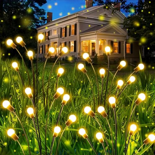 OZS 4 Pack Total 32 LED Solar Garden Lights Fairy Outdoor - Solar Firefly Lights Outdoor, Sway by Wind, Waterproof for Garden Patio Pathway Fairy Decoration (Warm White) - color: Warm White, size: 4 Pack