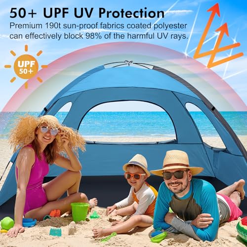 WhiteFang Beach Tent Anti-UV Portable Sun Shade Shelter for 3/4/6/8 Person, Extendable Floor with 3 Ventilating Mesh Windows Plus Carrying Bag, Stakes and Guy Lines - color: Blue, size: 3 person