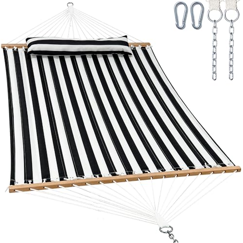GAFETE Hammock 2 Person Quilted Fabric Hammocks for Outside, Double 12ft Hammocks with Spreader Bar, Large Removable Pillow, Storage Bag, Carabiners, Max 475 lbs Capacity (Black White) - color: Black White