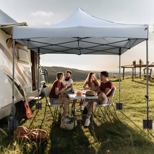 Tangkula 10x10 FT Pop Up Canopy, Instant Setup Outdoor Tent with Heavy-Duty Carbon Steel Frame, Wheeled Bag, 4 Sandbags, 8 Stake, 4 Ropes, Portable Canopy Tent for Parties Events Camping (Gray) - color: Gray