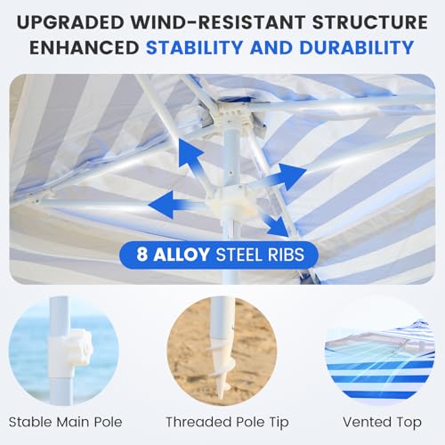 Zeraty Beach Cabana 8'×8', Portable Beach Canopy with Side Wall, UPF 50+ Silver-Coated Beach Tent Sun Shelter, Wind Resistant Adjustable Altitude Beach Umbrella Tent for Family, Navy Blue - color: Navy Blue