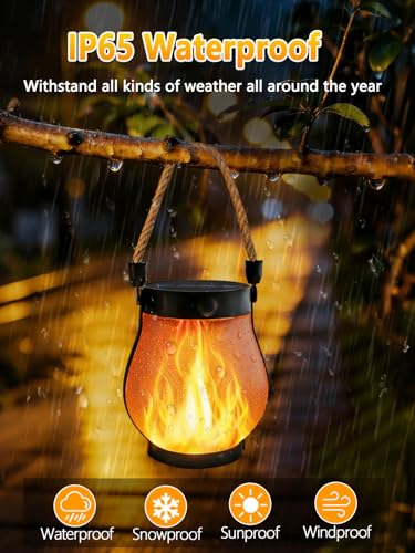 2 Pack Solar Lights Outdoor Waterproof, Solar Lantern with Dancing Flame, 2 Lighting Modes, Dual Charging USB & Solar Powered, with Hanging Rope Handle for Patio Yard Camp Garden Tree Tabletop Decor - size: 2 PK