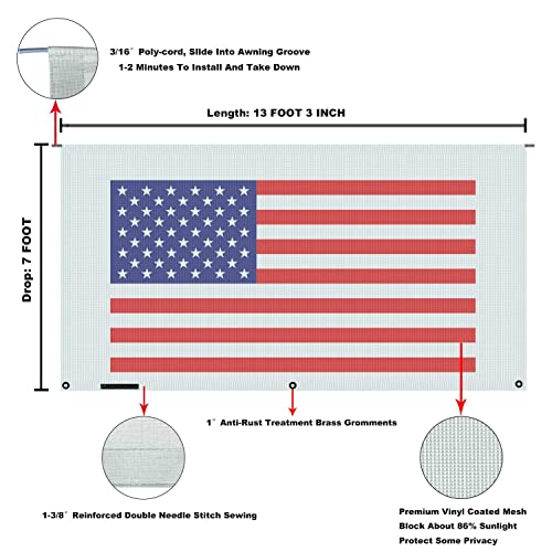 Tentproinc RV Awning Sun Shade Screen 7' X 13' 3'' (American Flag) Gray Mesh Sunshade Camper Trailer Awning Shade Screen UV Blocker Completed Kits - color: Flag-Gray, size: 7' x 13'3'' -Actual Measurement