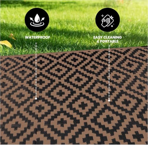 Outdoor Rugs, Outdoor Plastic Straw Rug, Reversible Waterproof Carpet for Camping, Poolside, Garden, BBQ Area, Gazebo Flooring, RV Park & Beach, Square Pattern, Black & Brown, 5'x8' - color: Square Frames - Black & Brown, size: 5' x 8'