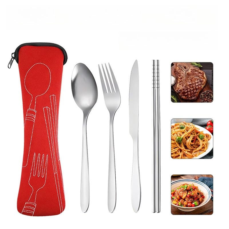 4-piece Cutlery Set, Rust-resistant Stainless Steel Utensils, Suitable for Travel, Camping, Picnics, Work, and Hiking (Red) - color: Red