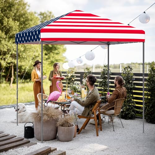 LDAILY 6.6 x 6.6 Ft Pop Up Canopy, Portable Canopy Tent Heavy Duty Instant Canopy w/Center Lock, 8 Stakes, 4 Ropes, Carry Bag, Sun Protection, Easy Up Outdoor Canopy for Party, Patio (American Flag) - color: American Flag