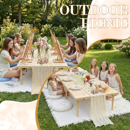 Beeveer 91 x 71'' Extra Large Outdoor Picnic Blanket with Table Runner Napkins and Floor Pillows Cushions for Picnic Party Camping Wedding Bachelorette Birthday Baby Shower Decor(6 Set,Beige) - color: Beige