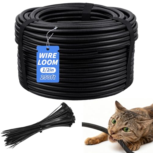 250FT Split Wire Loom Tubing, 1/2 Inch Wire Protector Tubing, Automotive Wire Flexible Conduit Cord Covers with 20 Cable Ties for Automotive Marine RV Agriculture Electrical Cable Protection - color: Black, size: 1/2in x 250ft