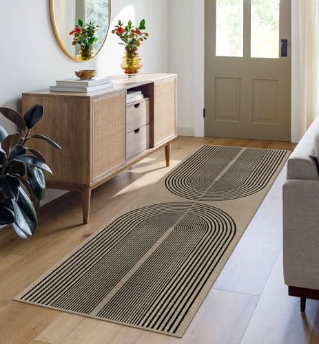 Rugalia Easy Jute Rainbow Runner Rug, 2x6 Washable Rugs Runner for Hallway Non-Slip Boho Farmhouse Kitchen Runner Rug, Black and Nature Abstract Outdoor Carpet for Porch Laundry Entryway - color: Nature/Black Rainbow, size: 2' x 6' (Runner)
