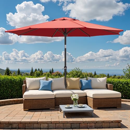 Outdoor Patio Umbrella, Table Umbrella with Push Button Tilt and Crank, 8 Ribs Market Umbrella - color: Red-Steel Ribs, size: 9FT