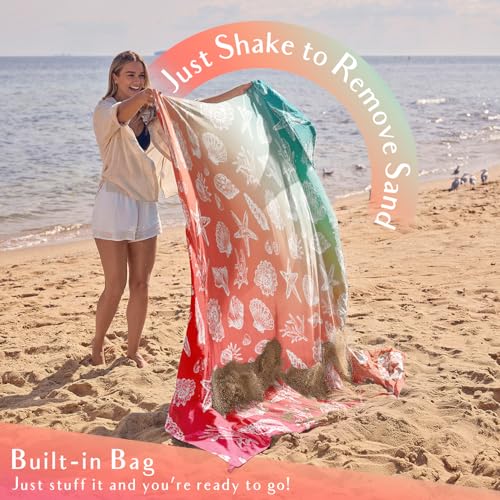 WEKAPO Beach Blanket Waterproof Sandproof Oversized, Extra Large Beach Mat Sand Free, Lightweight & Compact Sand Free Mat with 5 Stakes & 4 Corner Pockets - color: Gradient-coral Sea Shells, size: 8 x 7 FT (1～4 person)