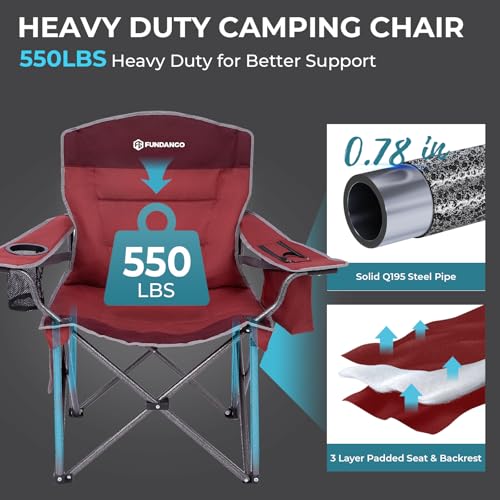 FUNDANGO Oversized Camping Chairs for Adults, Heavy Duty Fold Up Sports Games Lawn Chairs, Extra Wide Big Man Outdoor Chairs with Padded Lumbar Support Backrest, Bag Included for Camp, Outside, Beach - color: Red/Grey With Lumber Support 1 Pack