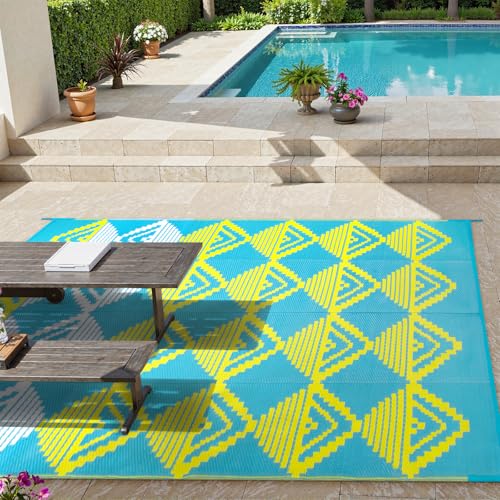 Lahome Outdoor Rugs 8x10 Waterproof, Reversible Plastic Large Outdoor Rug for Patios, Outside RV Mat Carpet for Deck Porch Backyard Balcony Picnic Trailer (Blue/Yellow, 8' x 10') - color: Blue/Yellow/Checkered, size: 8'x10'
