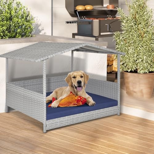 Wicker Dog House Outdoor, Waterproof HDPE Dog Bed with Canopy, Raised Dog Cot Pet House, Elevated Dogs Sofa Tent, Soft Cushion w/Removable& Washable Cushion Cover - style: Navy Blue