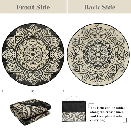 famibay 6 Ft Round Outdoor Rug, Boho Round Patio Rug Waterproof, Outdoor Plastic Straw Rug Camping Rug RV Rugs for Outside Lightweight Portable Reversible Outdoor Carpet for Patio Backyard Porch - color: Black Camel, size: Round 6ft