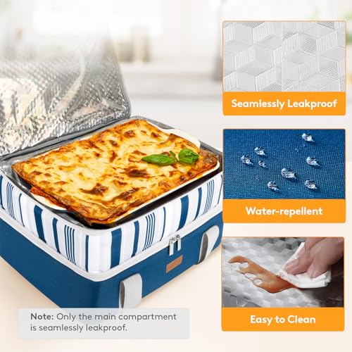 LUNCIA Insulated Double Decker Casserole Carrier, Lasagna Lugger Tote Keeps Food Hot or Cold, Thermal Lunch Bag for Potluck Parties, Picnic and Cookouts, Fits 9" x 13" Baking Dish, Blue - color: Blue, size: 15.7 x 11.4 x 8.3inch