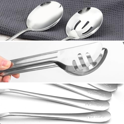HANSGO 6PCS Stainless Steel Serving Utensils Set, Large Serving Spoons, Slotted Spoons, Metal Tongs for Appetizer, Salad, Reusable Utensils Set for Buffet Catering Banquet Wedding Party Outdoor Events